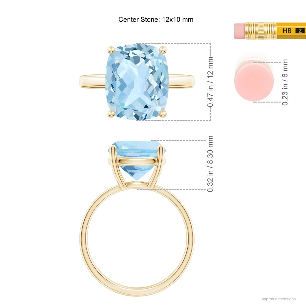 12x10mm AAA Prong-Set Cushion Aquamarine Cocktail Ring in Yellow Gold ruler