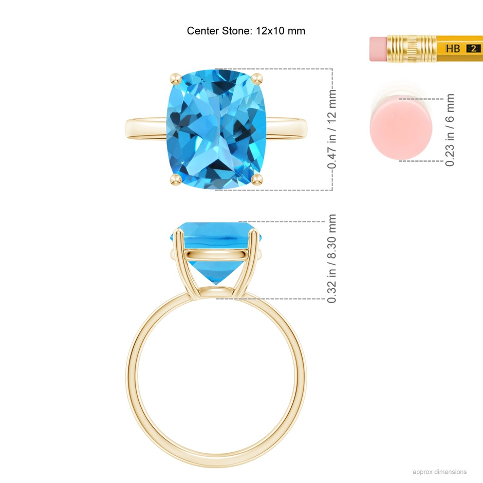 12x10mm AAA Prong-Set Cushion Swiss Blue Topaz Cocktail Ring in Yellow Gold ruler