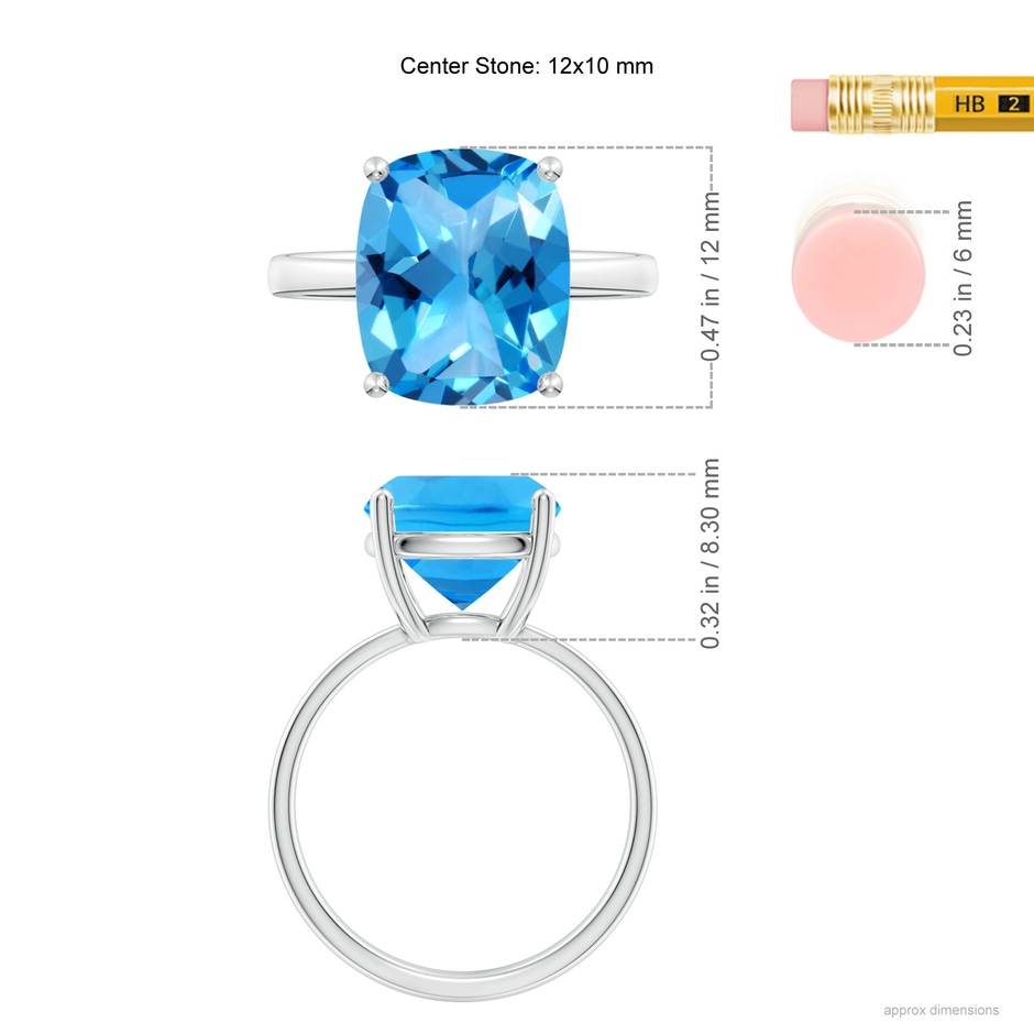 12x10mm AAAA Prong-Set Cushion Swiss Blue Topaz Cocktail Ring in 10K White Gold ruler