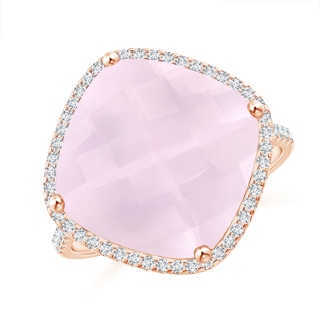 13mm A Cushion Rose Quartz Halo Ring with Clover Motif in 10K Rose Gold
