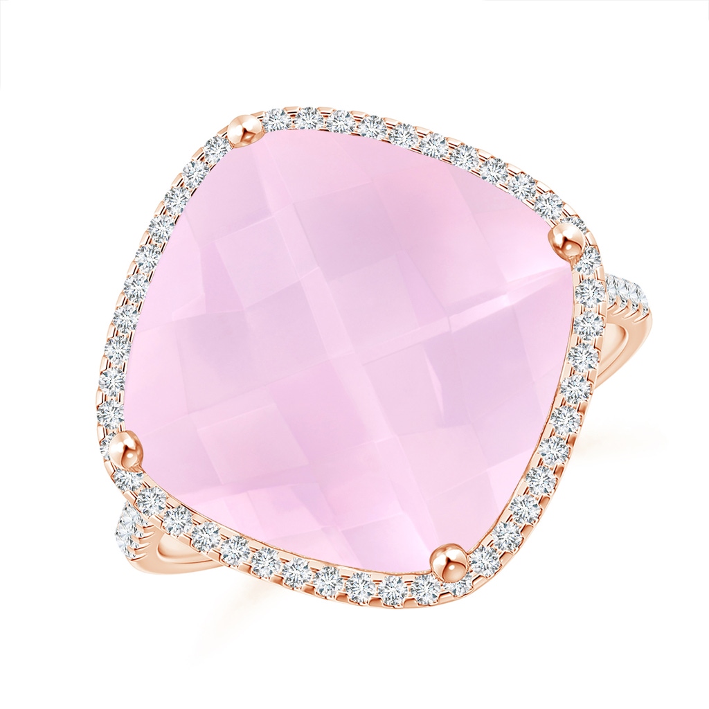 13mm AAAA Cushion Rose Quartz Halo Ring with Clover Motif in Rose Gold