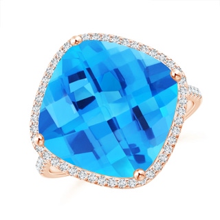 13mm AAA Cushion Swiss Blue Topaz Halo Ring with Clover Motif in Rose Gold