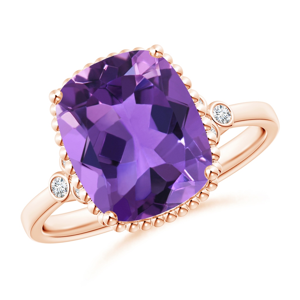11x9mm AAA Cushion Amethyst Beaded Halo Ring with Diamond Accents in Rose Gold