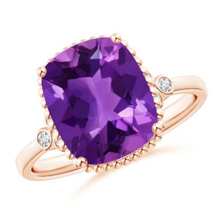 11x9mm AAAA Cushion Amethyst Beaded Halo Ring with Diamond Accents in Rose Gold