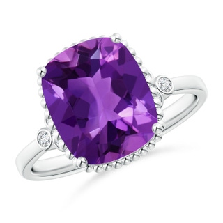 11x9mm AAAA Cushion Amethyst Beaded Halo Ring with Diamond Accents in White Gold