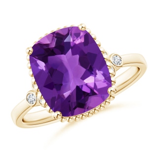 11x9mm AAAA Cushion Amethyst Beaded Halo Ring with Diamond Accents in Yellow Gold