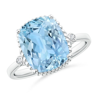 11x9mm AAAA Cushion Aquamarine Beaded Halo Ring with Diamond Accents in White Gold