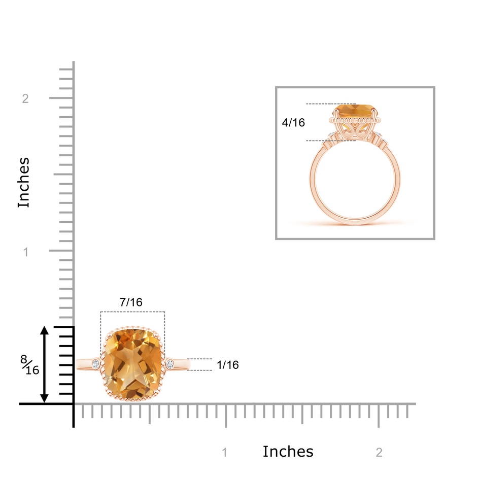 11x9mm A Cushion Citrine Beaded Halo Ring with Diamond Accents in Rose Gold ruler