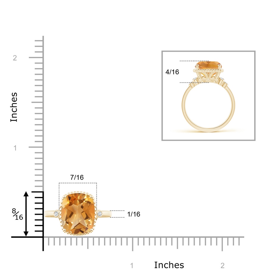 11x9mm A Cushion Citrine Beaded Halo Ring with Diamond Accents in Yellow Gold ruler