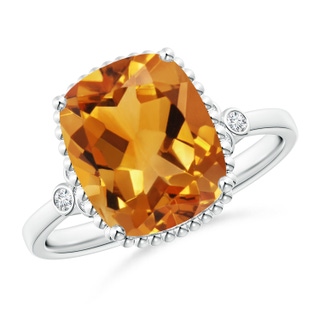 11x9mm AA Cushion Citrine Beaded Halo Ring with Diamond Accents in White Gold