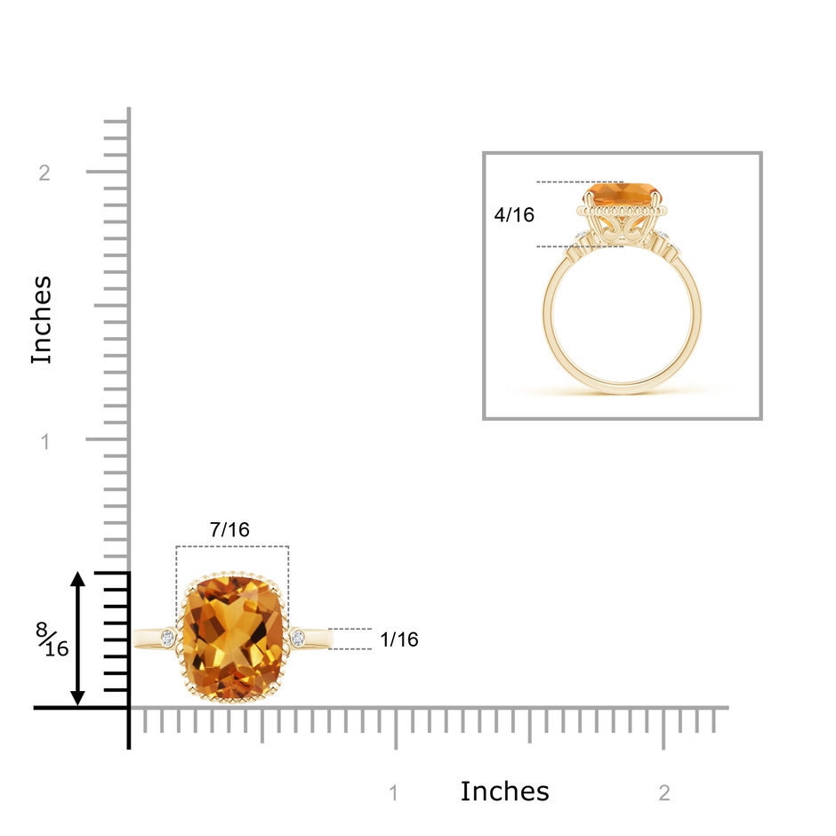 11x9mm AA Cushion Citrine Beaded Halo Ring with Diamond Accents in Yellow Gold ruler