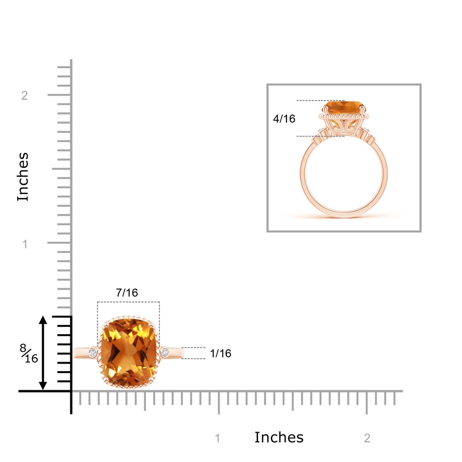 11x9mm AAA Cushion Citrine Beaded Halo Ring with Diamond Accents in Rose Gold ruler