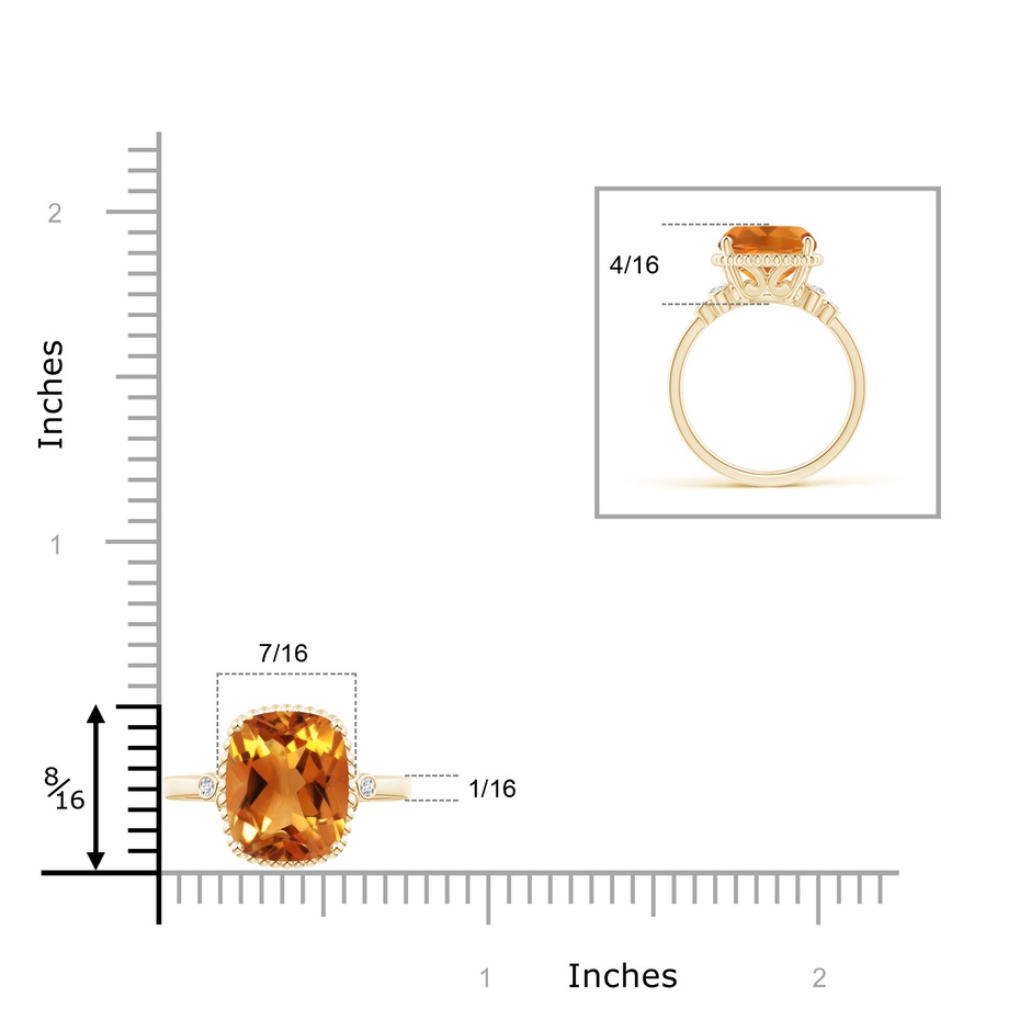 11x9mm AAA Cushion Citrine Beaded Halo Ring with Diamond Accents in Yellow Gold ruler