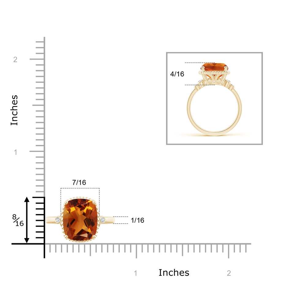 11x9mm AAAA Cushion Citrine Beaded Halo Ring with Diamond Accents in Yellow Gold ruler