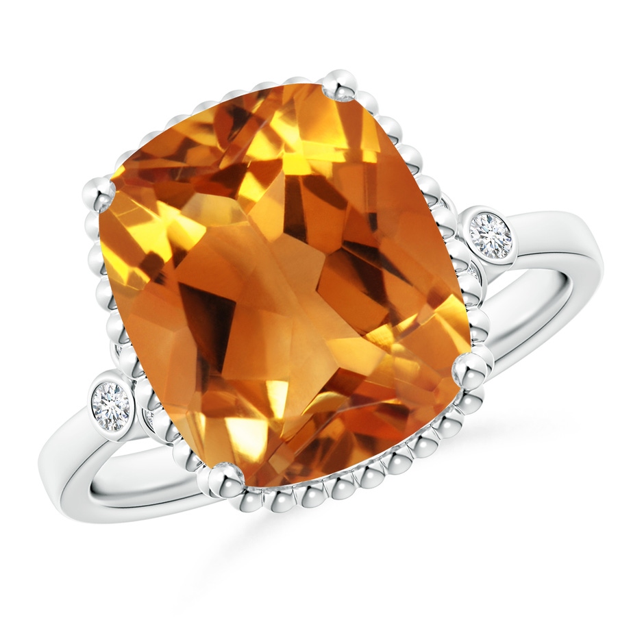 12x10mm AAA Cushion Citrine Beaded Halo Ring with Diamond Accents in White Gold 
