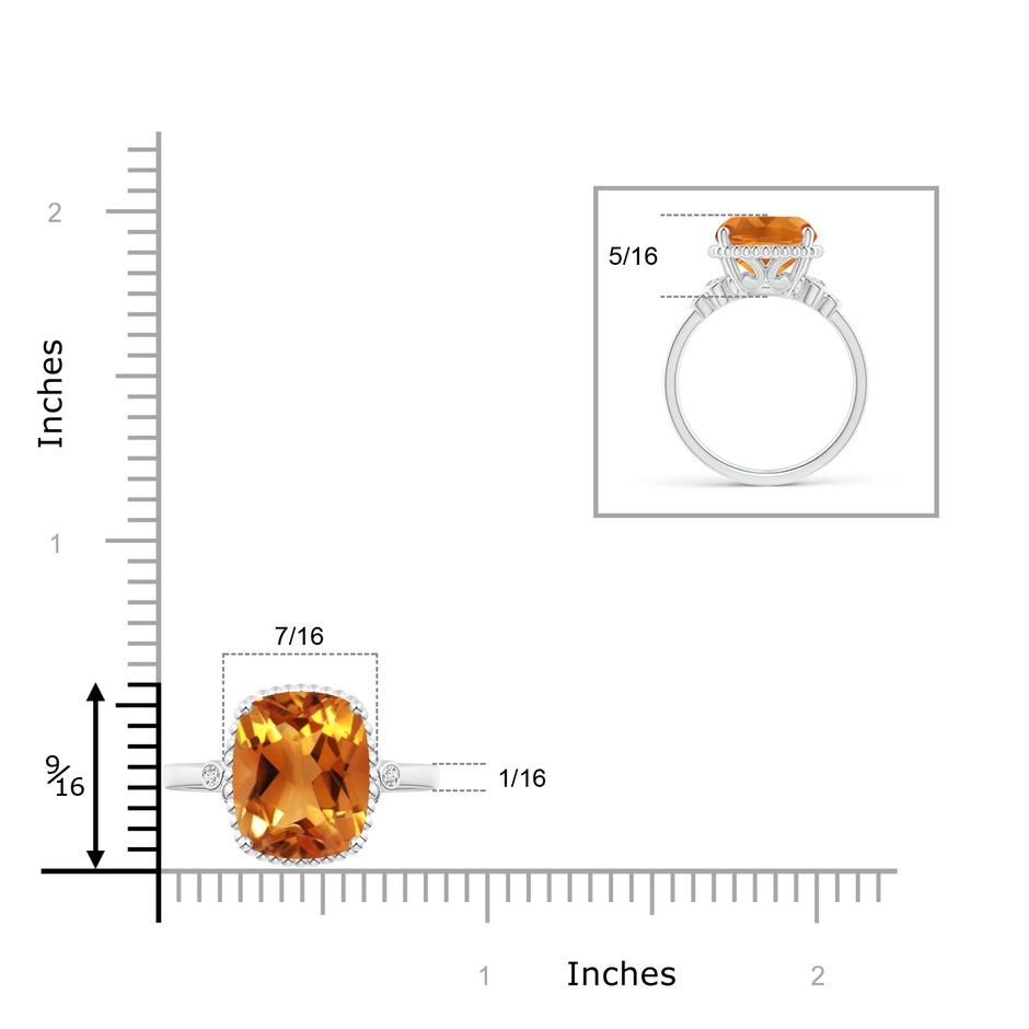 12x10mm AAA Cushion Citrine Beaded Halo Ring with Diamond Accents in White Gold ruler