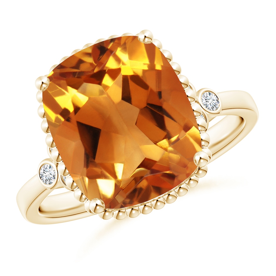 12x10mm AAA Cushion Citrine Beaded Halo Ring with Diamond Accents in Yellow Gold 