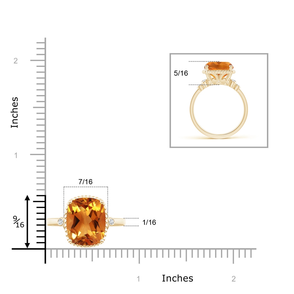 12x10mm AAA Cushion Citrine Beaded Halo Ring with Diamond Accents in Yellow Gold ruler