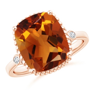 12x10mm AAAA Cushion Citrine Beaded Halo Ring with Diamond Accents in Rose Gold