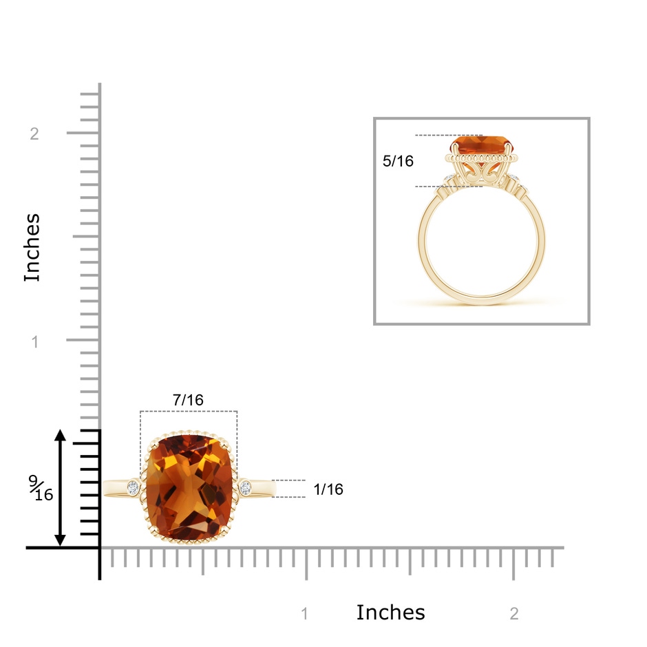 12x10mm AAAA Cushion Citrine Beaded Halo Ring with Diamond Accents in Yellow Gold ruler