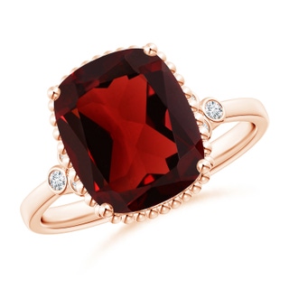 11x9mm AAA Cushion Garnet Beaded Halo Ring with Diamond Accents in Rose Gold
