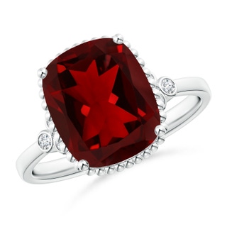 11x9mm AAAA Cushion Garnet Beaded Halo Ring with Diamond Accents in White Gold