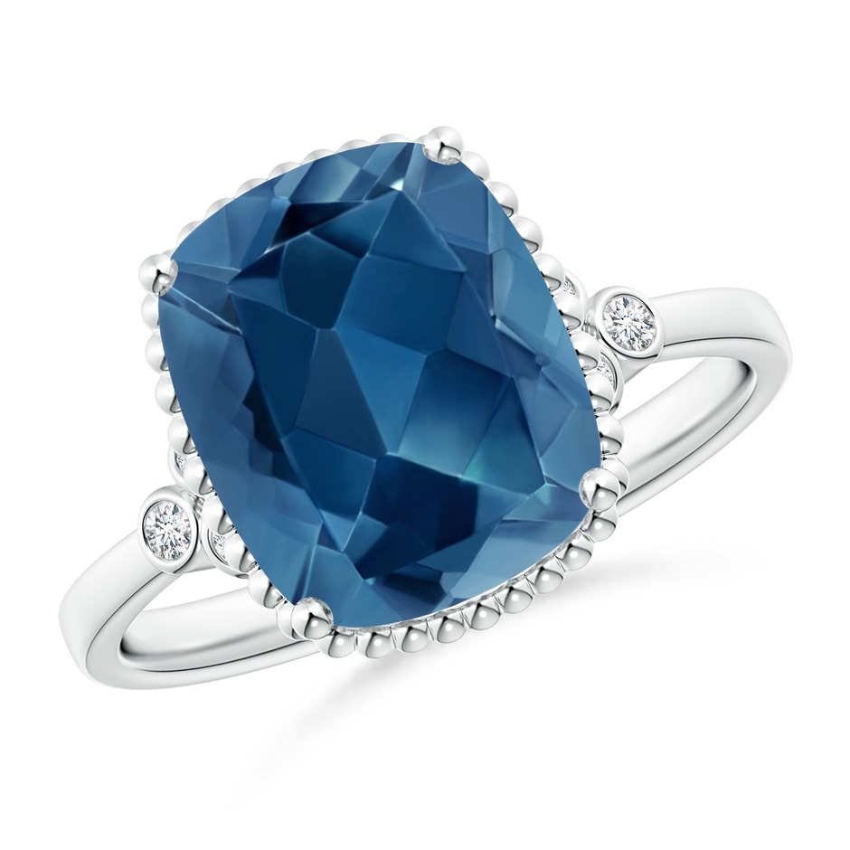 11x9mm AA Cushion London Blue Topaz Beaded Halo Ring with Diamonds in White Gold 