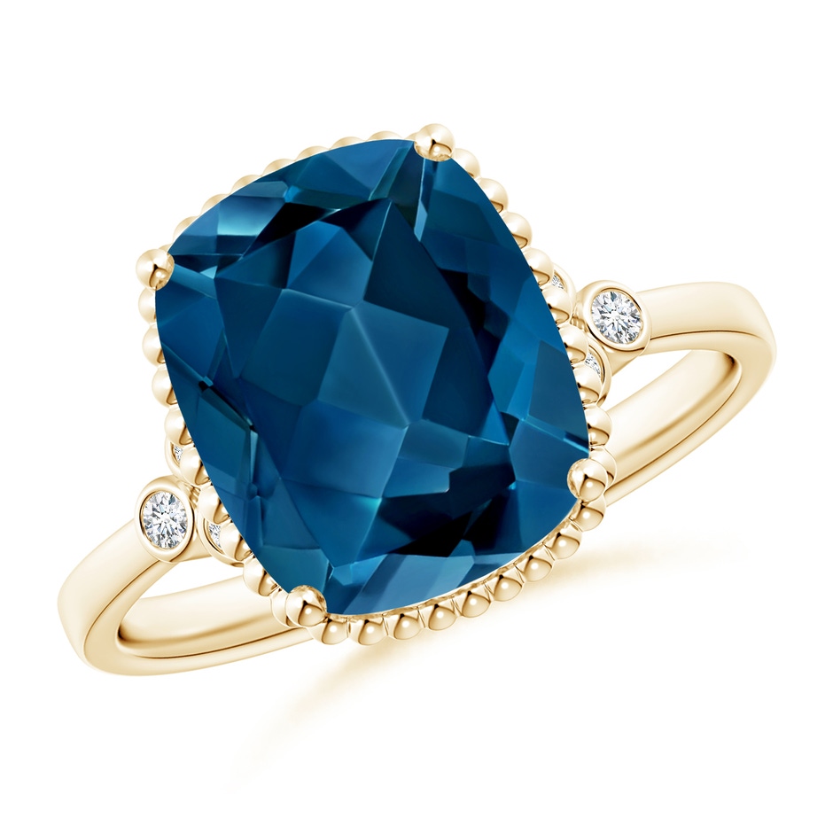 11x9mm AAA Cushion London Blue Topaz Beaded Halo Ring with Diamonds in Yellow Gold 