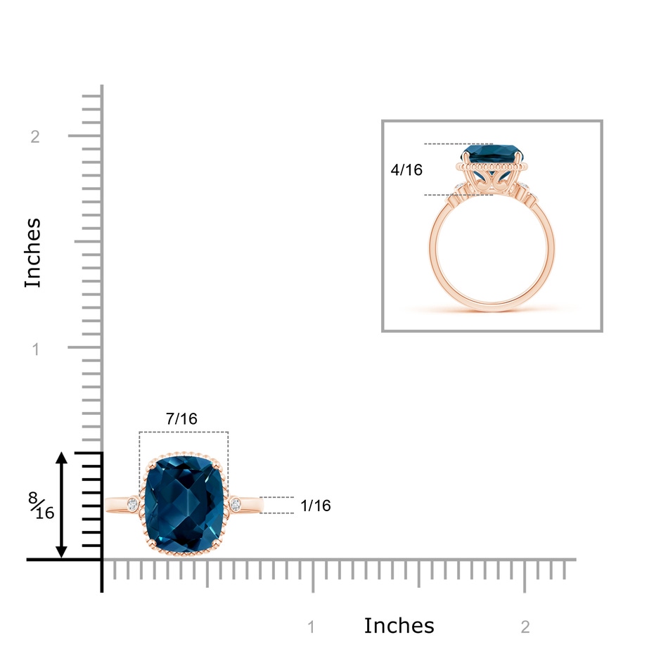 11x9mm AAAA Cushion London Blue Topaz Beaded Halo Ring with Diamonds in Rose Gold product image