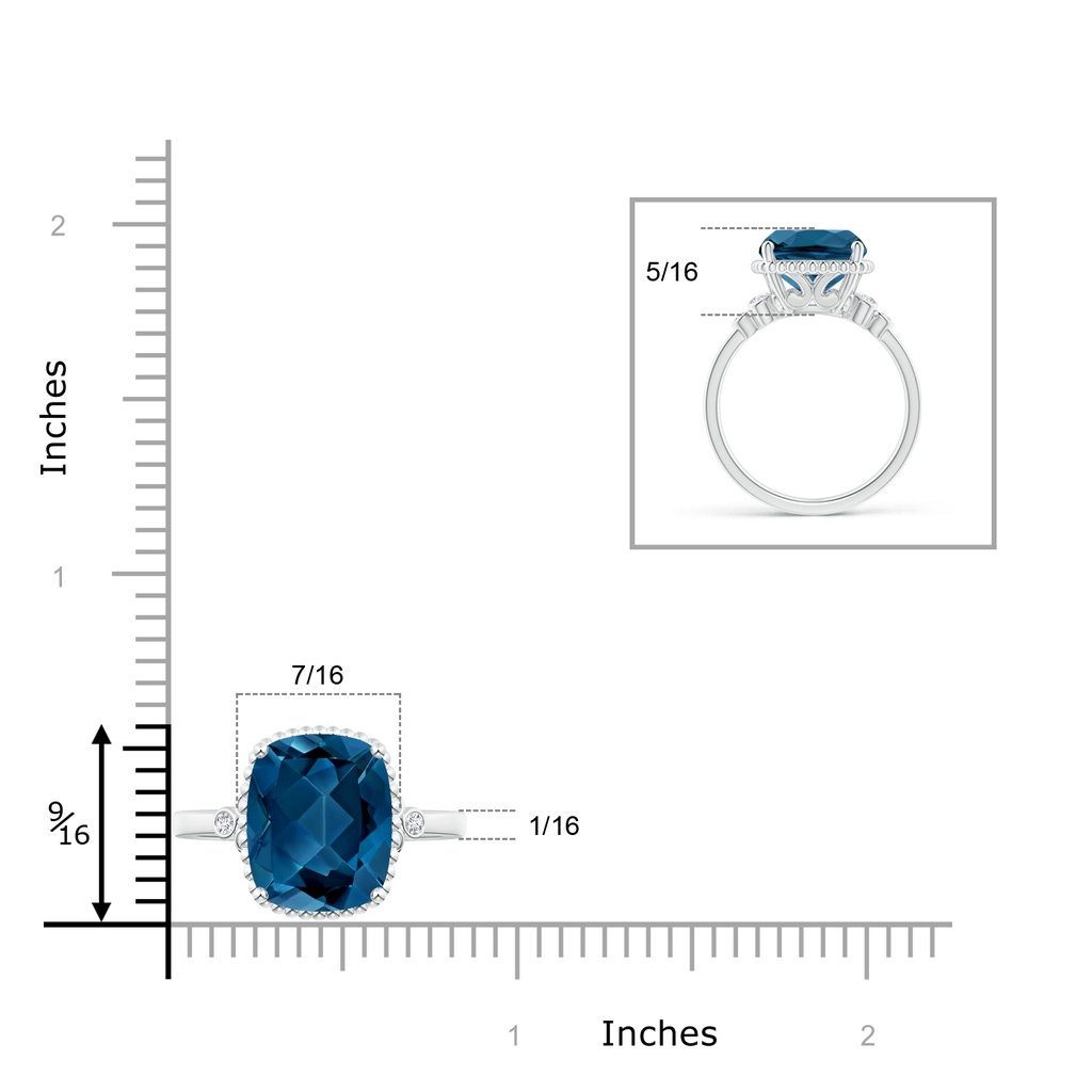 12x10mm AAA Cushion London Blue Topaz Beaded Halo Ring with Diamonds in White Gold Product Image