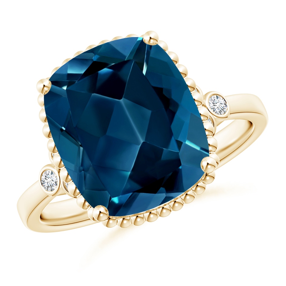 12x10mm AAAA Cushion London Blue Topaz Beaded Halo Ring with Diamonds in Yellow Gold 