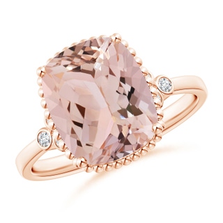 11x9mm AAA Cushion Morganite Beaded Halo Ring with Diamond Accents in Rose Gold