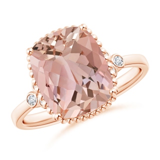 11x9mm AAAA Cushion Morganite Beaded Halo Ring with Diamond Accents in Rose Gold