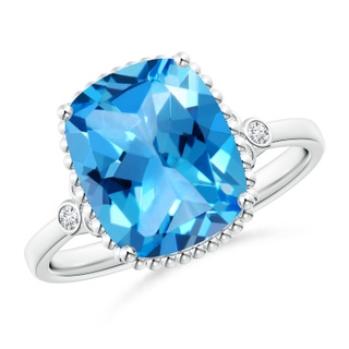 11x9mm AAAA Cushion Swiss Blue Topaz Beaded Halo Ring with Diamonds in White Gold