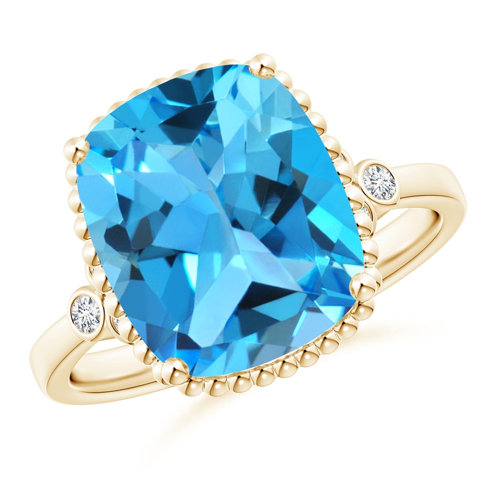 12x10mm AAA Cushion Swiss Blue Topaz Beaded Halo Ring with Diamonds in Yellow Gold
