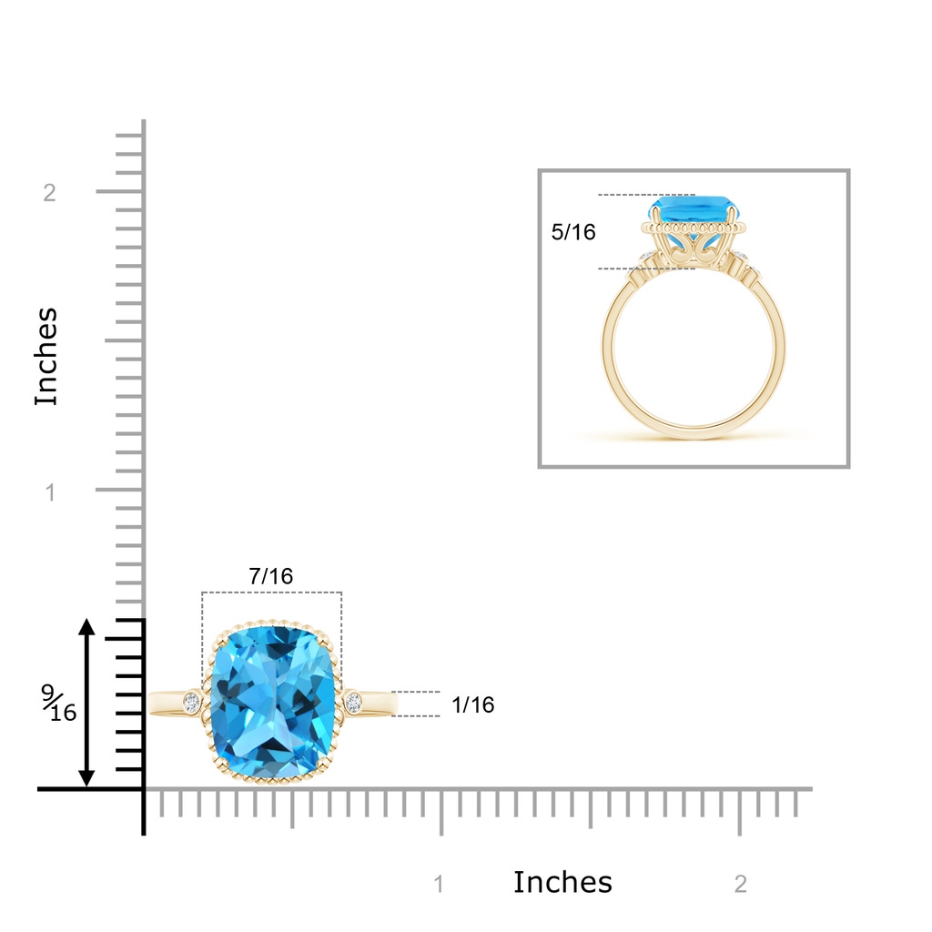 12x10mm AAA Cushion Swiss Blue Topaz Beaded Halo Ring with Diamonds in Yellow Gold Ruler