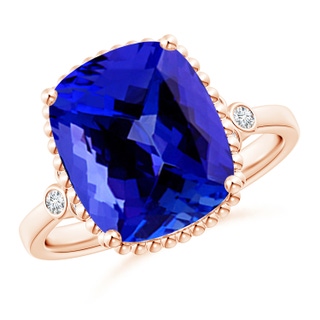 12x10mm AAAA Cushion Tanzanite Beaded Halo Ring with Diamond Accents in Rose Gold