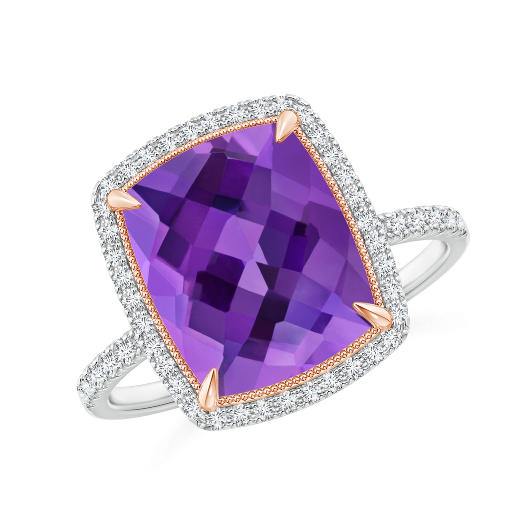11x9mm AAA Cushion Amethyst and Diamond Halo Ring in Two Tone in White Gold Rose Gold
