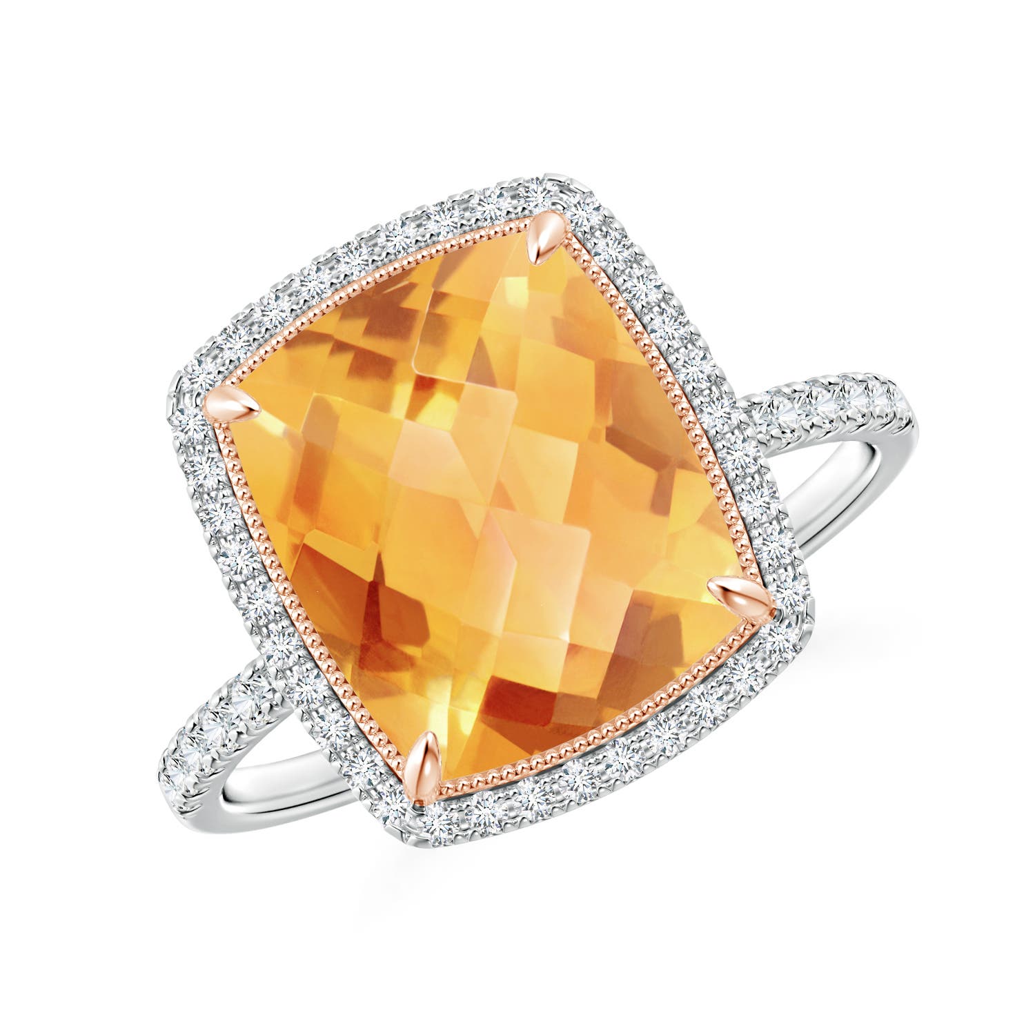 11x9mm A Cushion Citrine and Diamond Halo Ring in Two Tone in White Gold Rose Gold