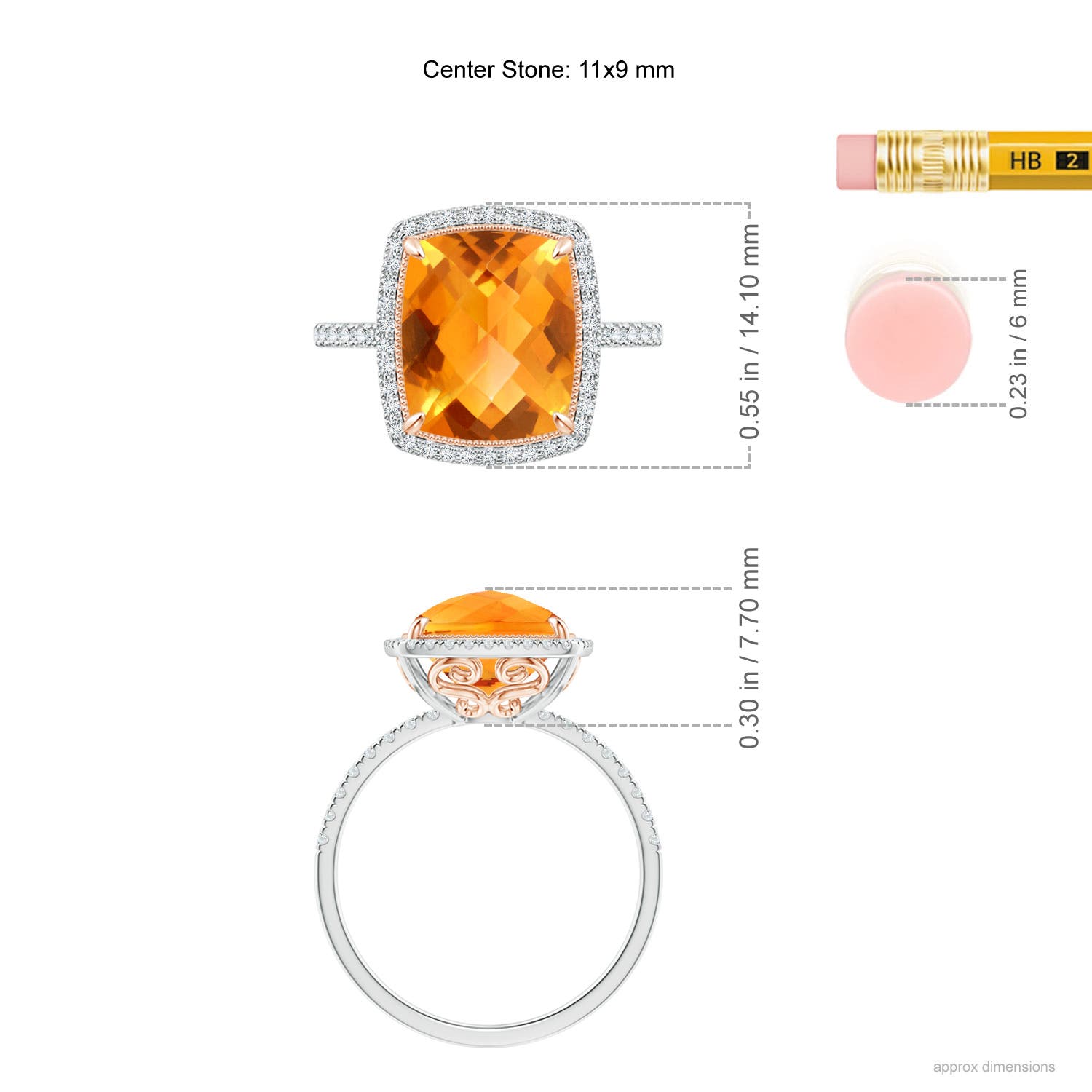 11x9mm AAA Cushion Citrine and Diamond Halo Ring in Two Tone in White Gold Rose Gold - ruler