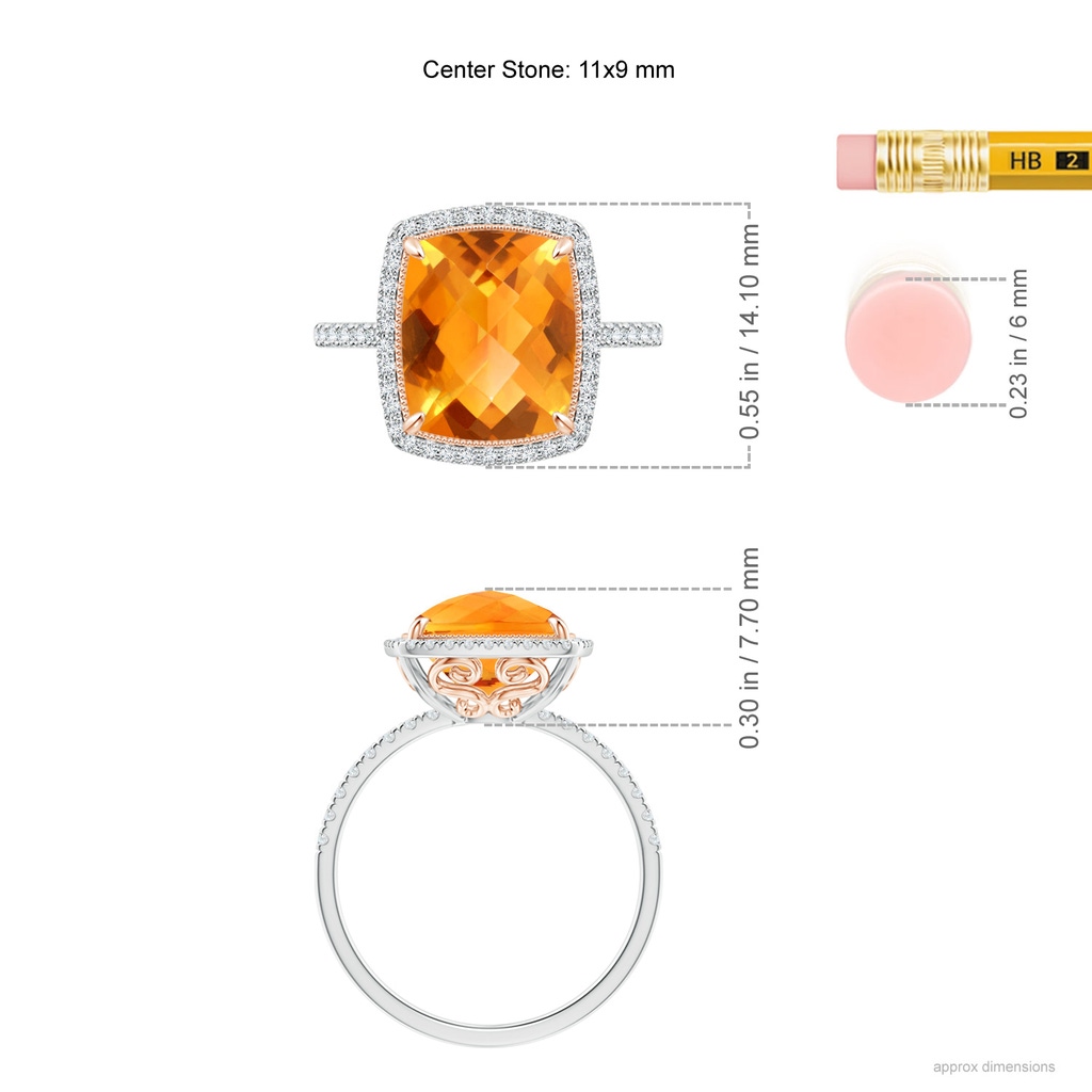11x9mm AAA Cushion Citrine and Diamond Halo Ring in Two Tone in White Gold Rose Gold Ruler