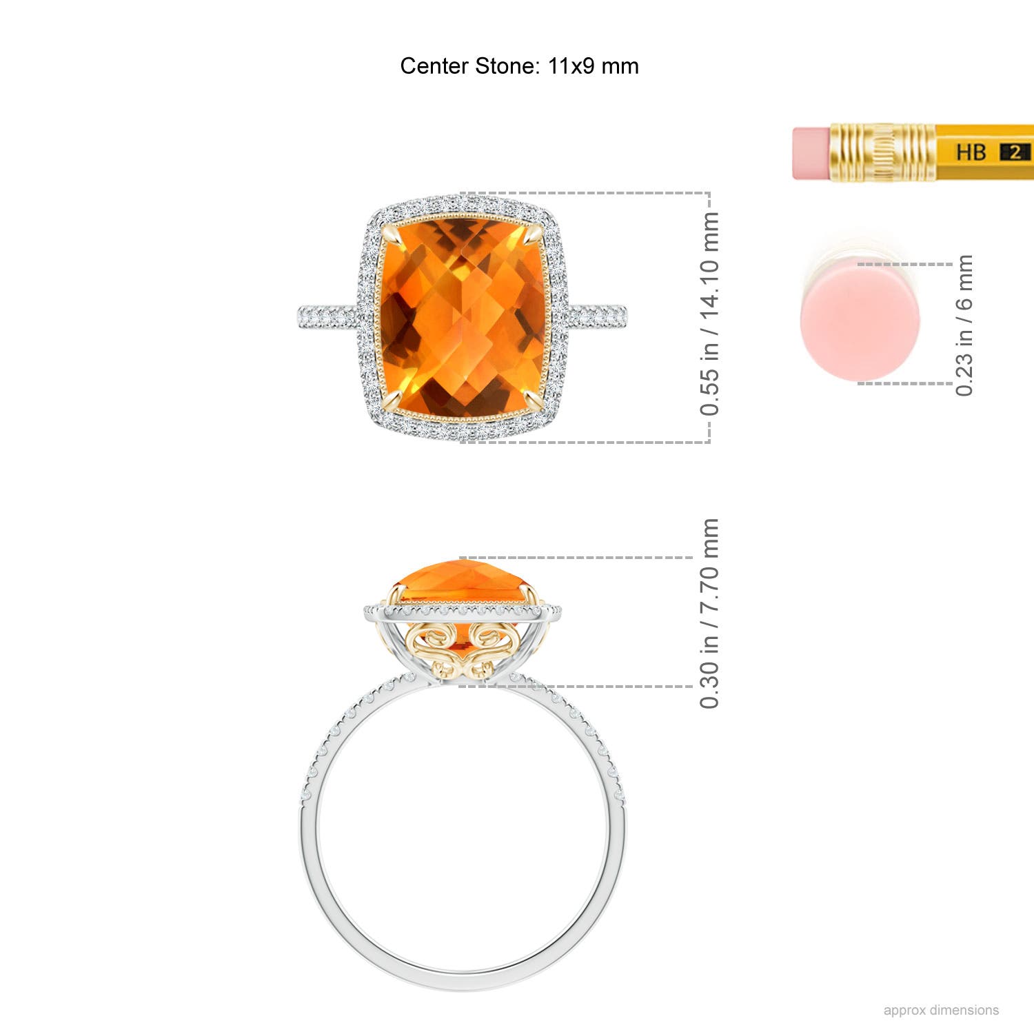11x9mm AAAA Cushion Citrine and Diamond Halo Ring in Two Tone in White Gold Yellow Gold - ruler