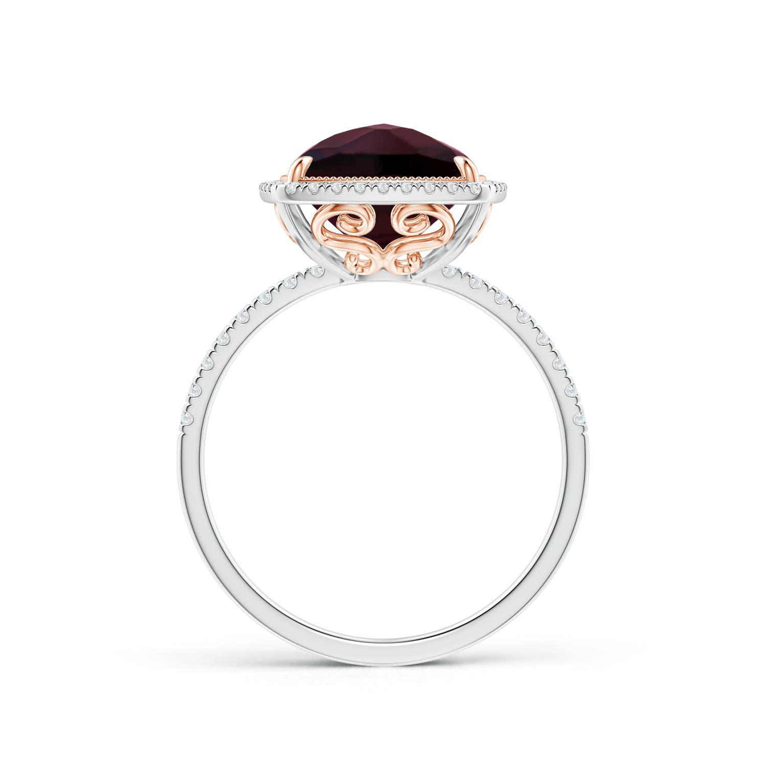 11x9mm A Cushion Garnet and Diamond Halo Ring in Two Tone in White Gold Rose Gold