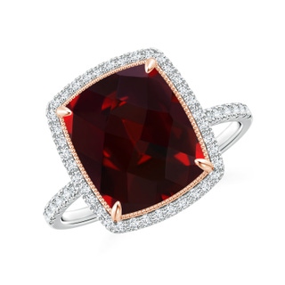 11x9mm AAAA Cushion Garnet and Diamond Halo Ring in Two Tone in White Gold Rose Gold