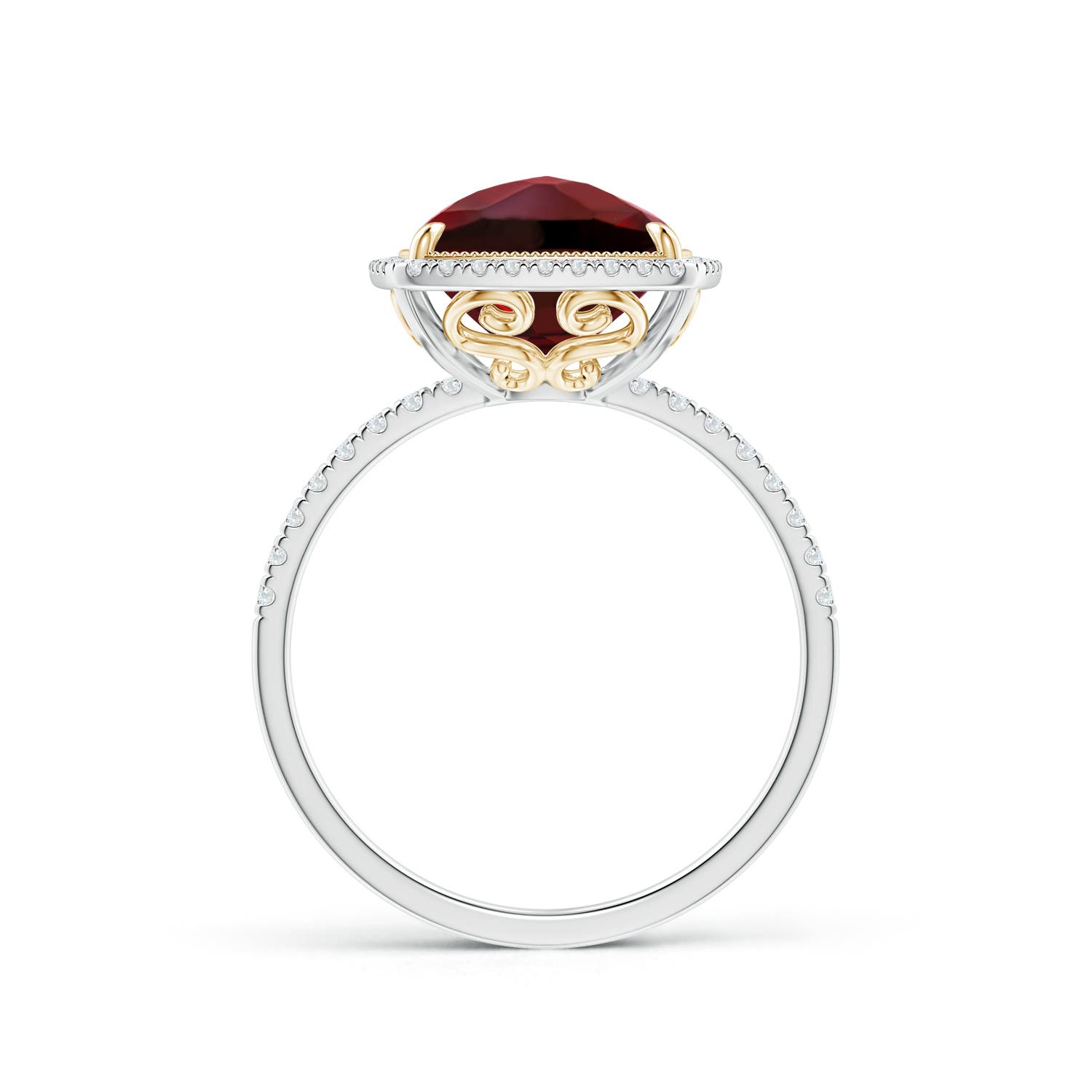 11x9mm AAAA Cushion Garnet and Diamond Halo Ring in Two Tone in White Gold Yellow Gold
