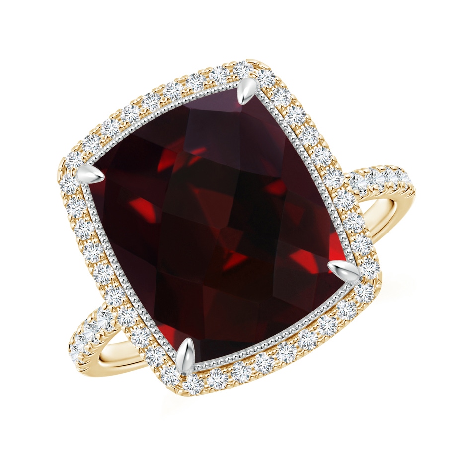 12x10mm AAA Cushion Garnet and Diamond Halo Ring in Two Tone in Yellow Gold White Gold 
