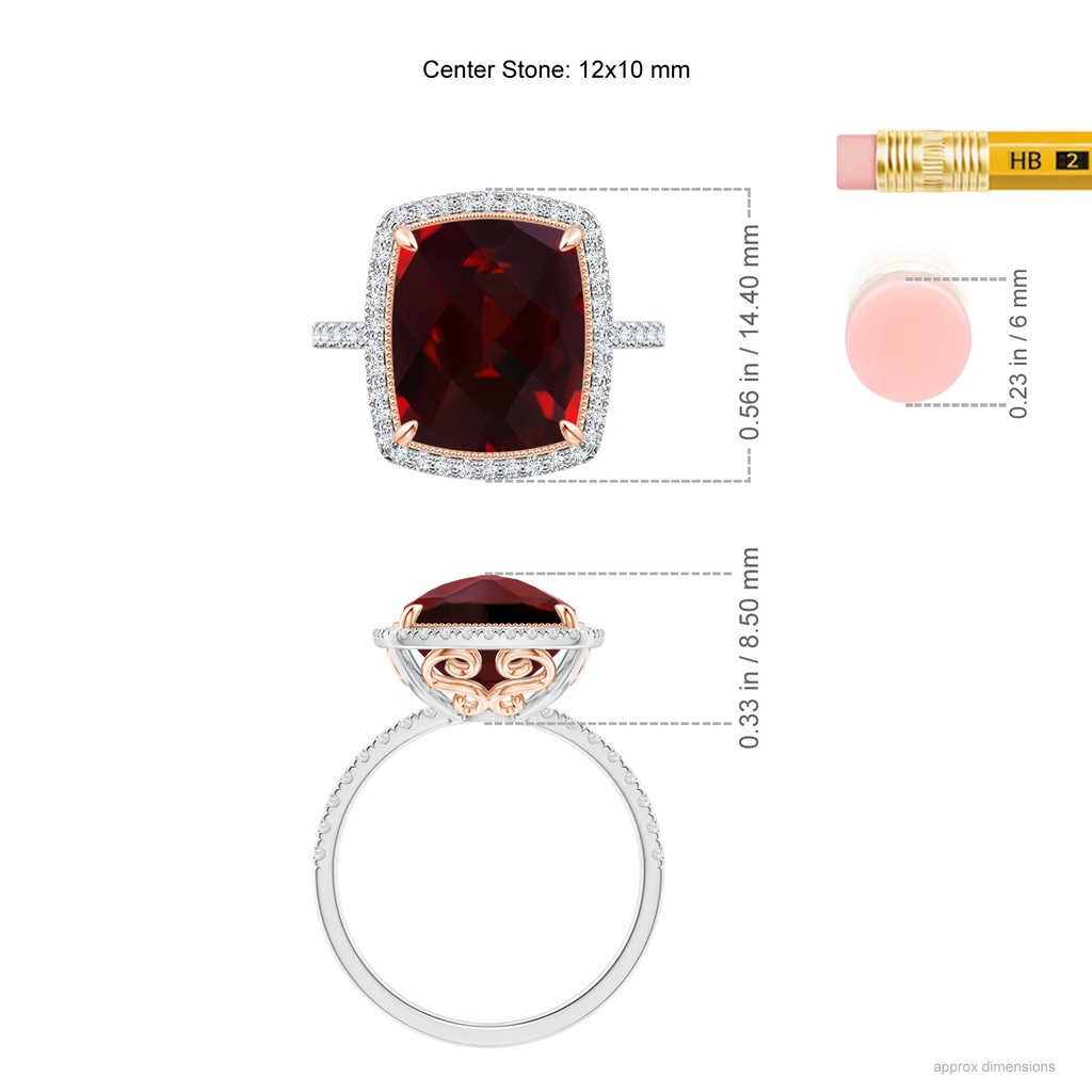 12x10mm AAAA Cushion Garnet and Diamond Halo Ring in Two Tone in White Gold Rose Gold Ruler