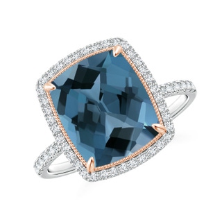 11x9mm A Cushion London Blue Topaz and Diamond Halo Ring in Two Tone in White Gold Rose Gold