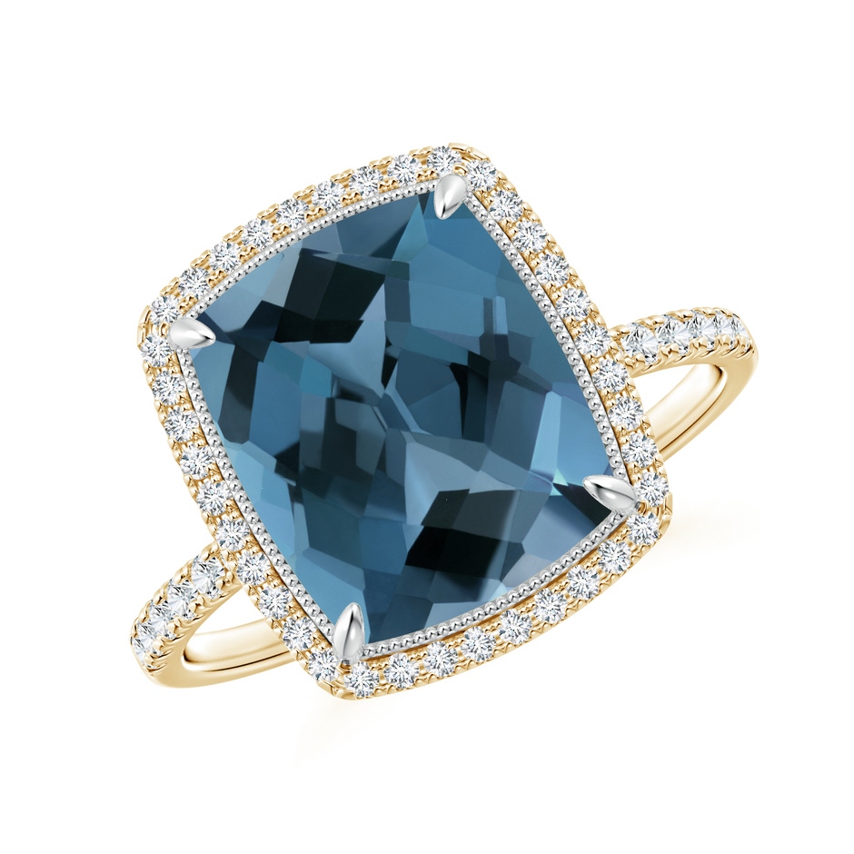 11x9mm A Cushion London Blue Topaz and Diamond Halo Ring in Two Tone in Yellow Gold White Gold 