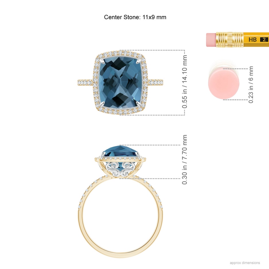 11x9mm A Cushion London Blue Topaz and Diamond Halo Ring in Two Tone in Yellow Gold White Gold ruler